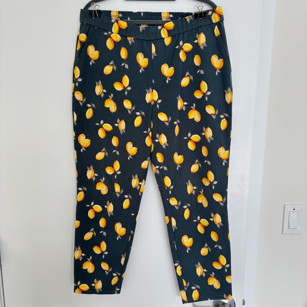 Lemon Way Petite Lemon Print Cropped Tapered Leg Pull On Pants Gray Yellow 14P